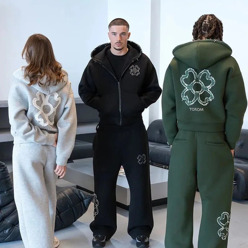 Spring Autumn Oversized 4 Leaf Clover Applique Zip Up Hoodie Tracksuit Set Men Y2K Streetwear Fleece Sweatpants 2 Piece Outfits-AMAZON FACTORY