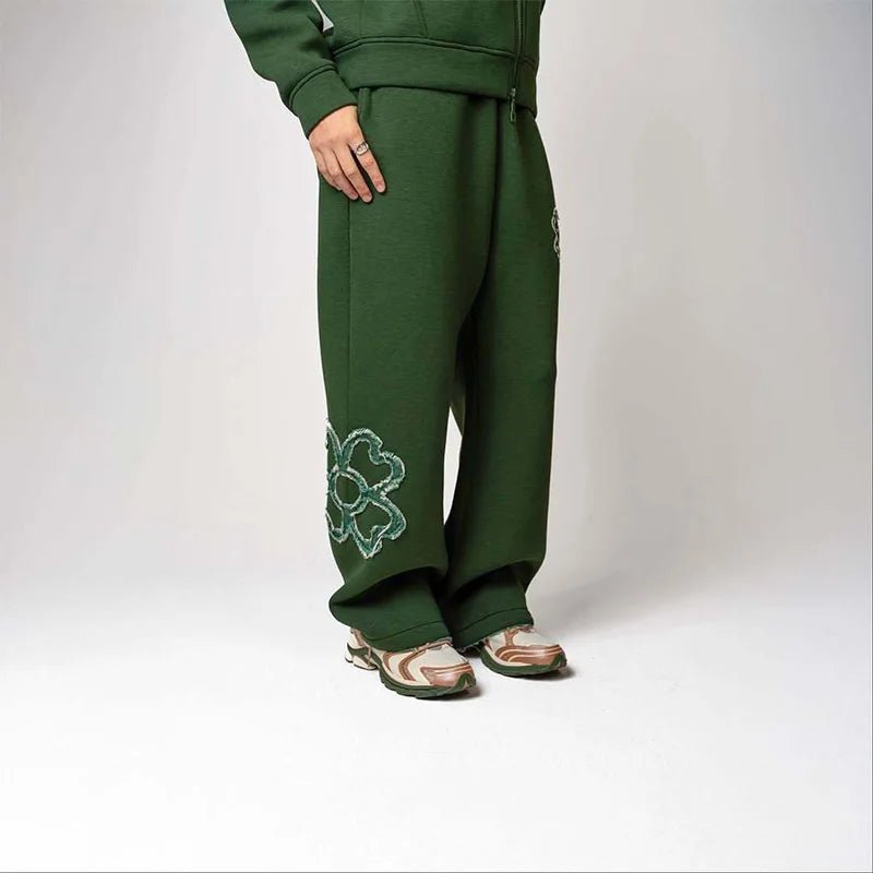 Spring Autumn Oversized 4 Leaf Clover Applique Zip Up Hoodie Tracksuit Set Men Y2K Streetwear Fleece Sweatpants 2 Piece Outfits-AMAZON FACTORY