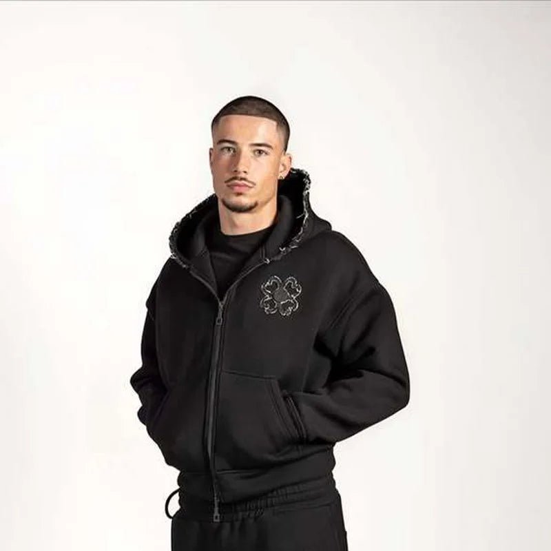 Spring Autumn Oversized 4 Leaf Clover Applique Zip Up Hoodie Tracksuit Set Men Y2K Streetwear Fleece Sweatpants 2 Piece Outfits-AMAZON FACTORY