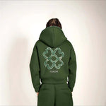 Spring Autumn Oversized 4 Leaf Clover Applique Zip Up Hoodie Tracksuit Set Men Y2K Streetwear Fleece Sweatpants 2 Piece Outfits-AMAZON FACTORY