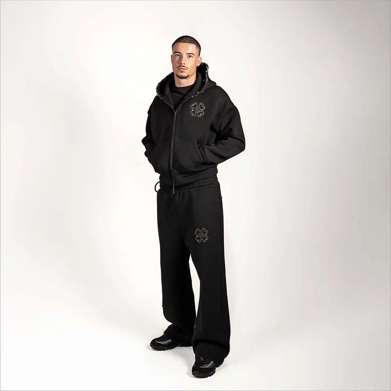 Spring Autumn Oversized 4 Leaf Clover Applique Zip Up Hoodie Tracksuit Set Men Y2K Streetwear Fleece Sweatpants 2 Piece Outfits-AMAZON FACTORY