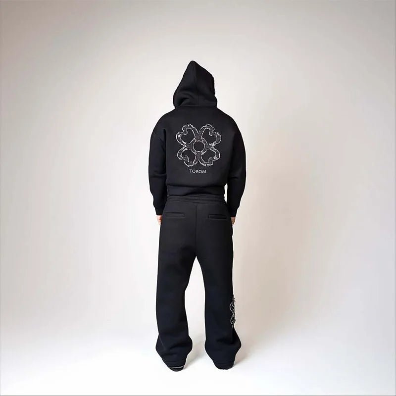 Spring Autumn Oversized 4 Leaf Clover Applique Zip Up Hoodie Tracksuit Set Men Y2K Streetwear Fleece Sweatpants 2 Piece Outfits-AMAZON FACTORY