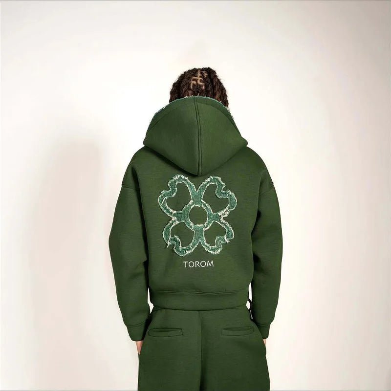 Spring Autumn Oversized 4 Leaf Clover Applique Zip Up Hoodie Tracksuit Set Men Y2K Streetwear Fleece Sweatpants 2 Piece Outfits-AMAZON FACTORY