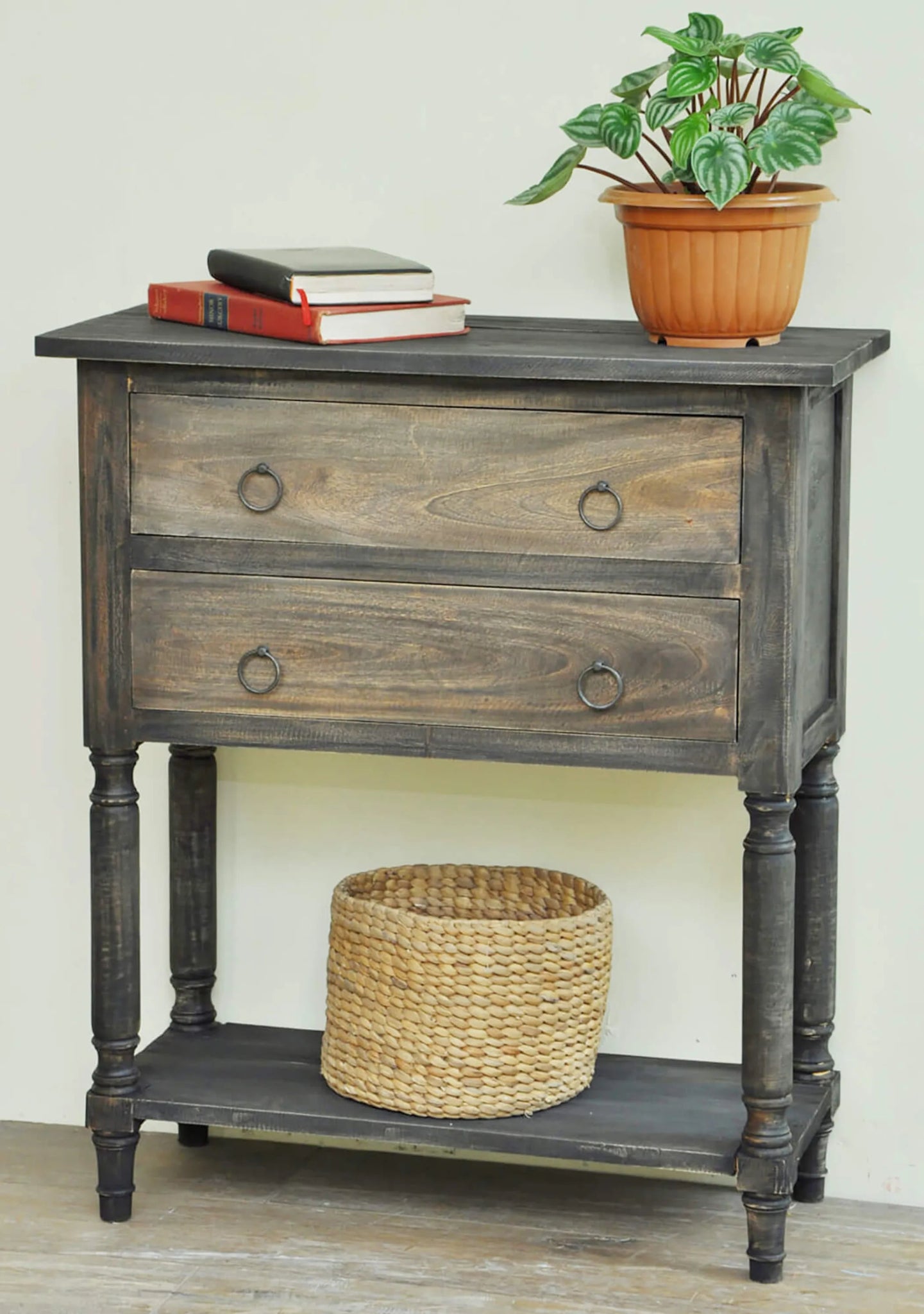 Sunset Trading Cottage Stacked Drawer Storage Table | Distressed Black/Raftwood Brown Solid Wood | Fully Assembled Side Display Cabinet-AMAZON FACTORY