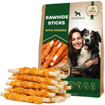 The Amazon Factory - RAWHIDES STICK WRAPPED Dog Rawhide Sticks Wrapped with Chicken & Pet Natural Chew Treats - AMAZON FACTORY