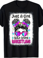 Unisex "Just a Girl Who loves Wrestling" T-shirt, a retro short-sleeved shirt with a pattern of a female wrestler-AMAZON FACTORY