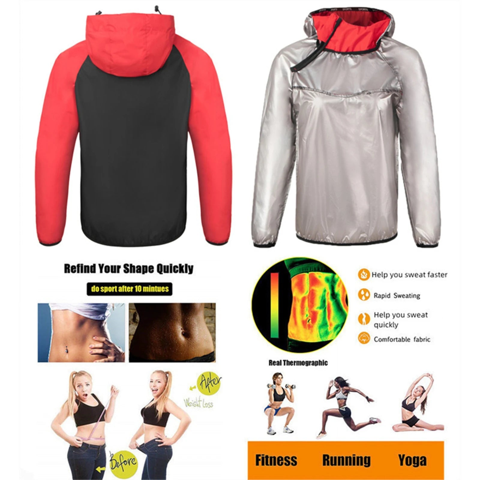 Women Men 2-Piece Sweat Sauna Suit Outfit Long-Sleeve Windproof Hoodie+Pants Set for Workout Gym Fitness Sports Boxing Wrestling-AMAZON FACTORY