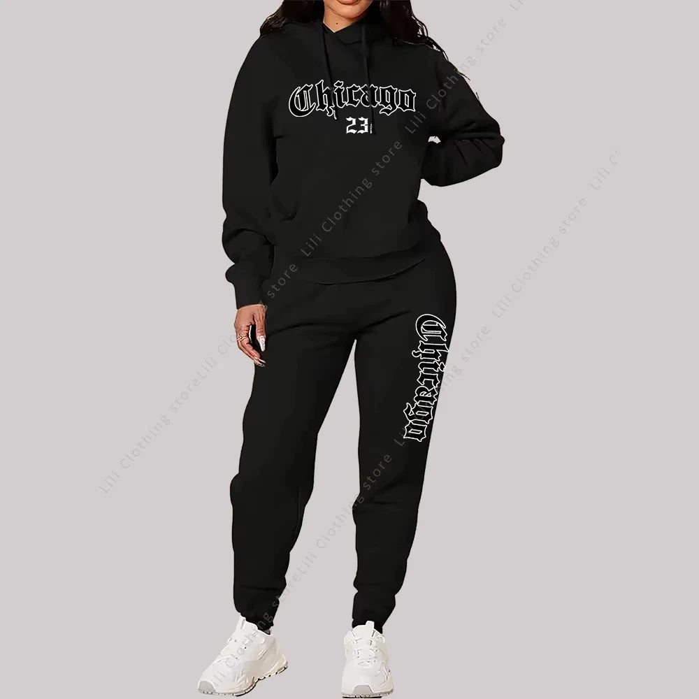 Women's Sets Hoodies Pants 2 Piece Outfits Aesthetic Sportswear Sweatsuit Chicago Graphic Letter Print Plus Size Pink Tracksuit-AMAZON FACTORY