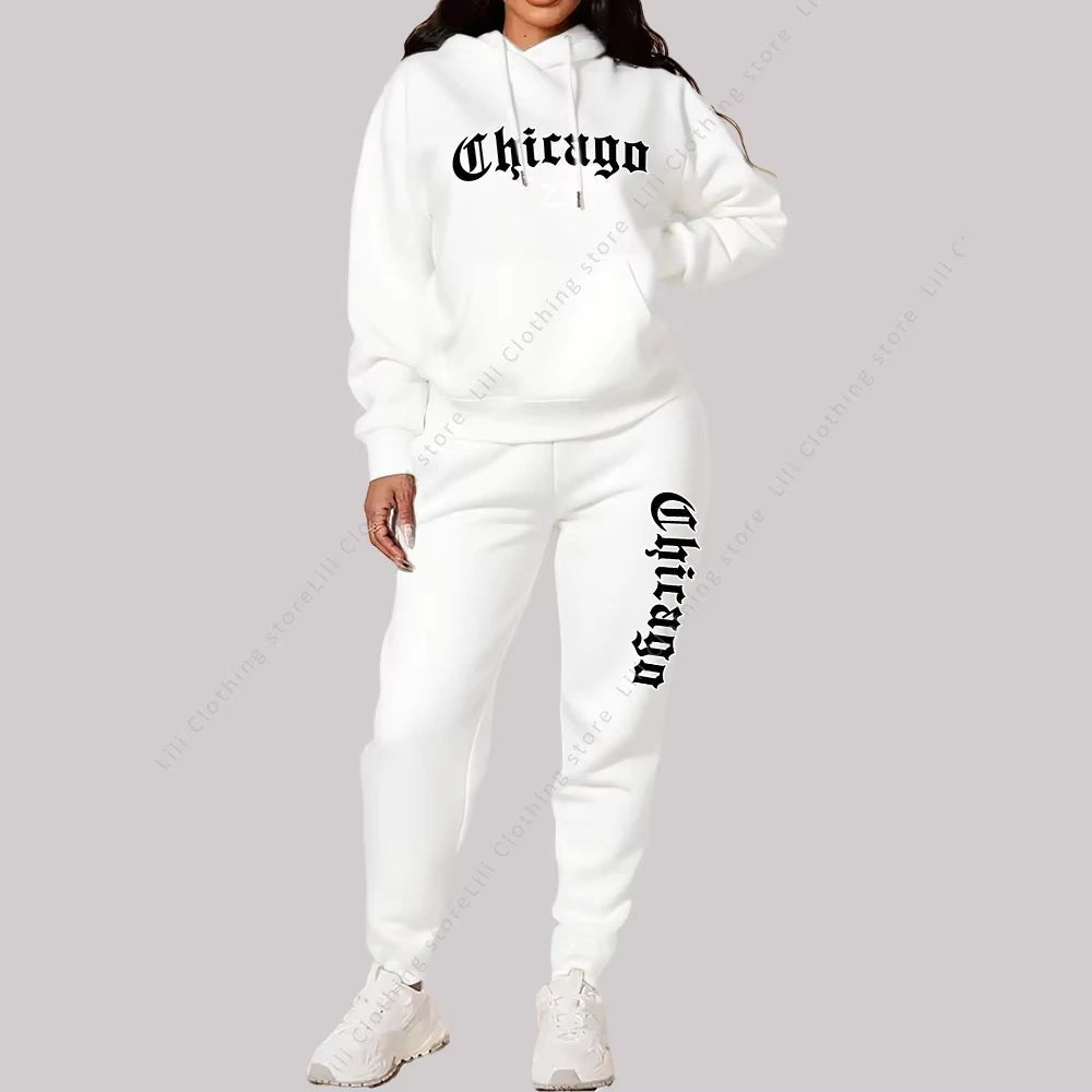 Women's Sets Hoodies Pants 2 Piece Outfits Aesthetic Sportswear Sweatsuit Chicago Graphic Letter Print Plus Size Pink Tracksuit-AMAZON FACTORY