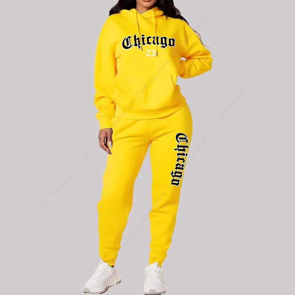 Women's Sets Hoodies Pants 2 Piece Outfits Aesthetic Sportswear Sweatsuit Chicago Graphic Letter Print Plus Size Pink Tracksuit-AMAZON FACTORY