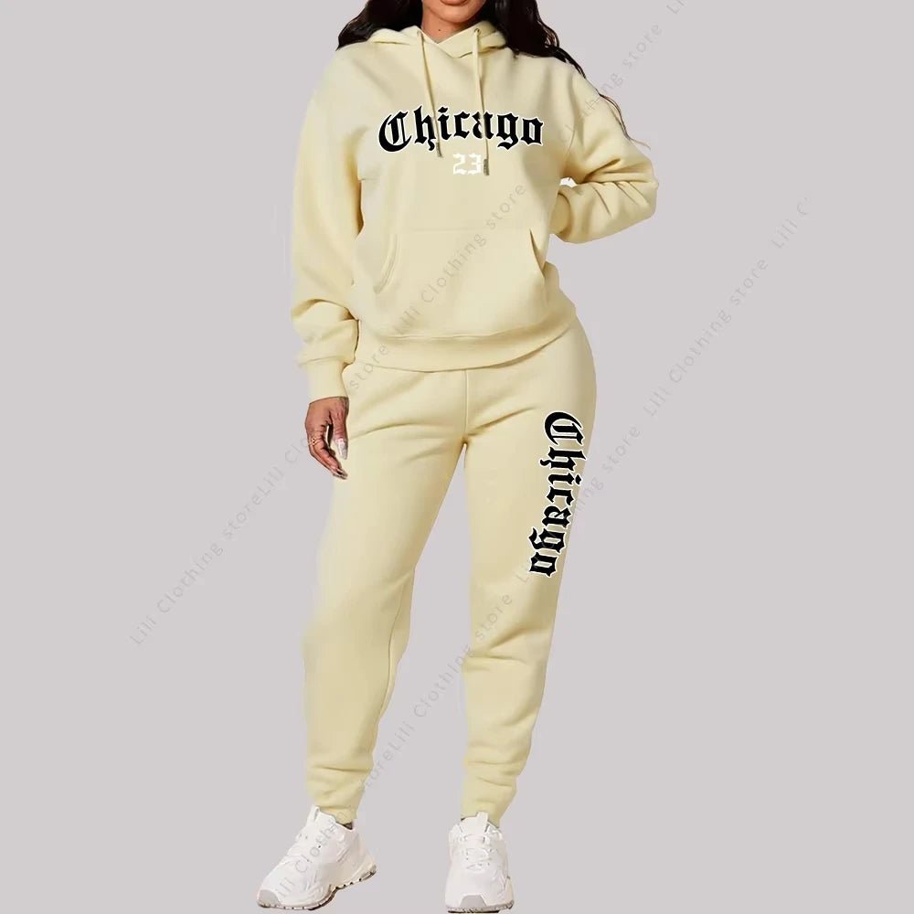 Women's Sets Hoodies Pants 2 Piece Outfits Aesthetic Sportswear Sweatsuit Chicago Graphic Letter Print Plus Size Pink Tracksuit-AMAZON FACTORY