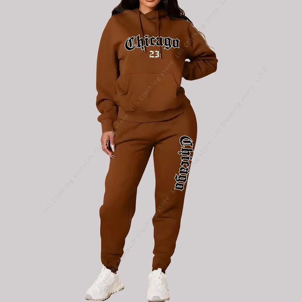 Women's Sets Hoodies Pants 2 Piece Outfits Aesthetic Sportswear Sweatsuit Chicago Graphic Letter Print Plus Size Pink Tracksuit-AMAZON FACTORY