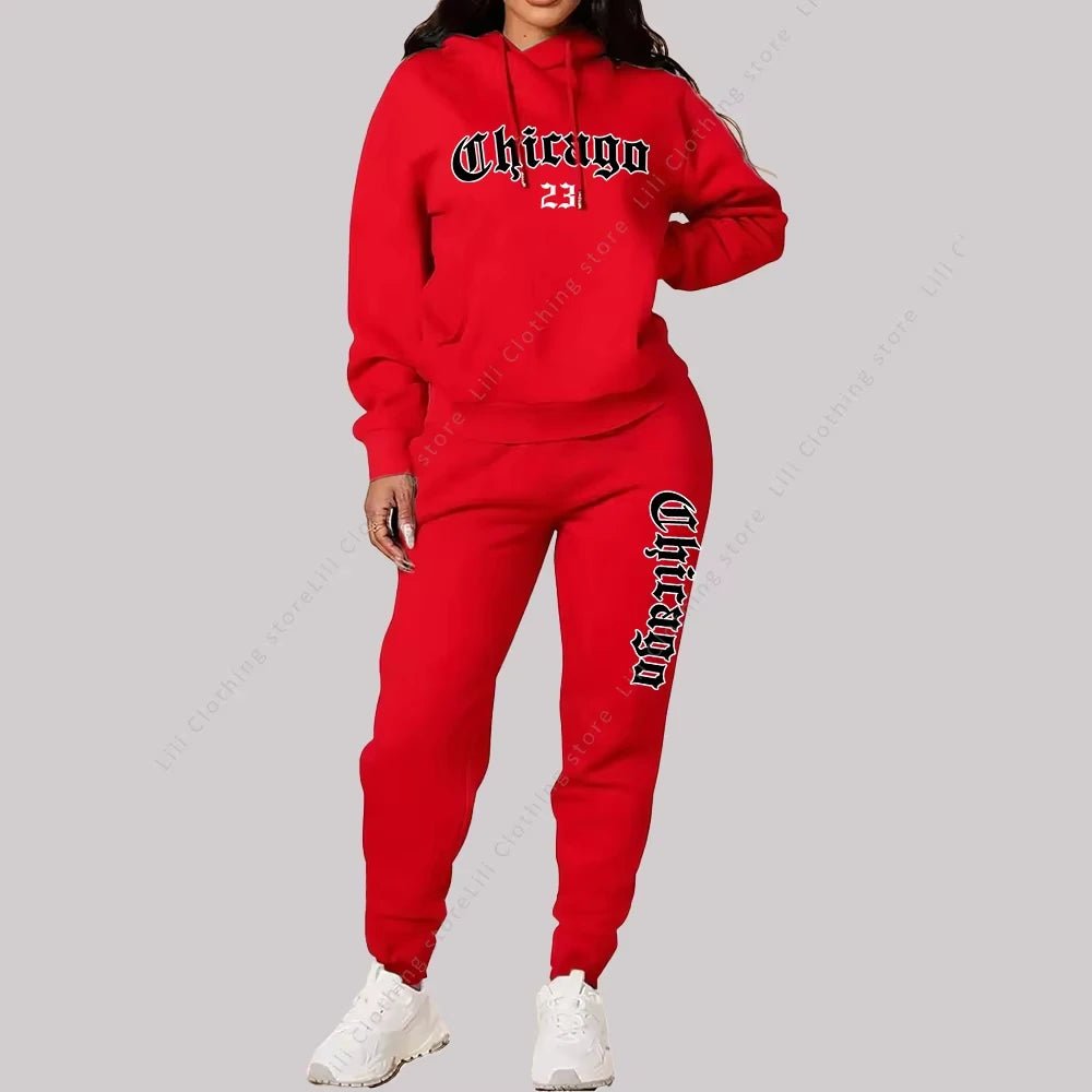 Women's Sets Hoodies Pants 2 Piece Outfits Aesthetic Sportswear Sweatsuit Chicago Graphic Letter Print Plus Size Pink Tracksuit-AMAZON FACTORY