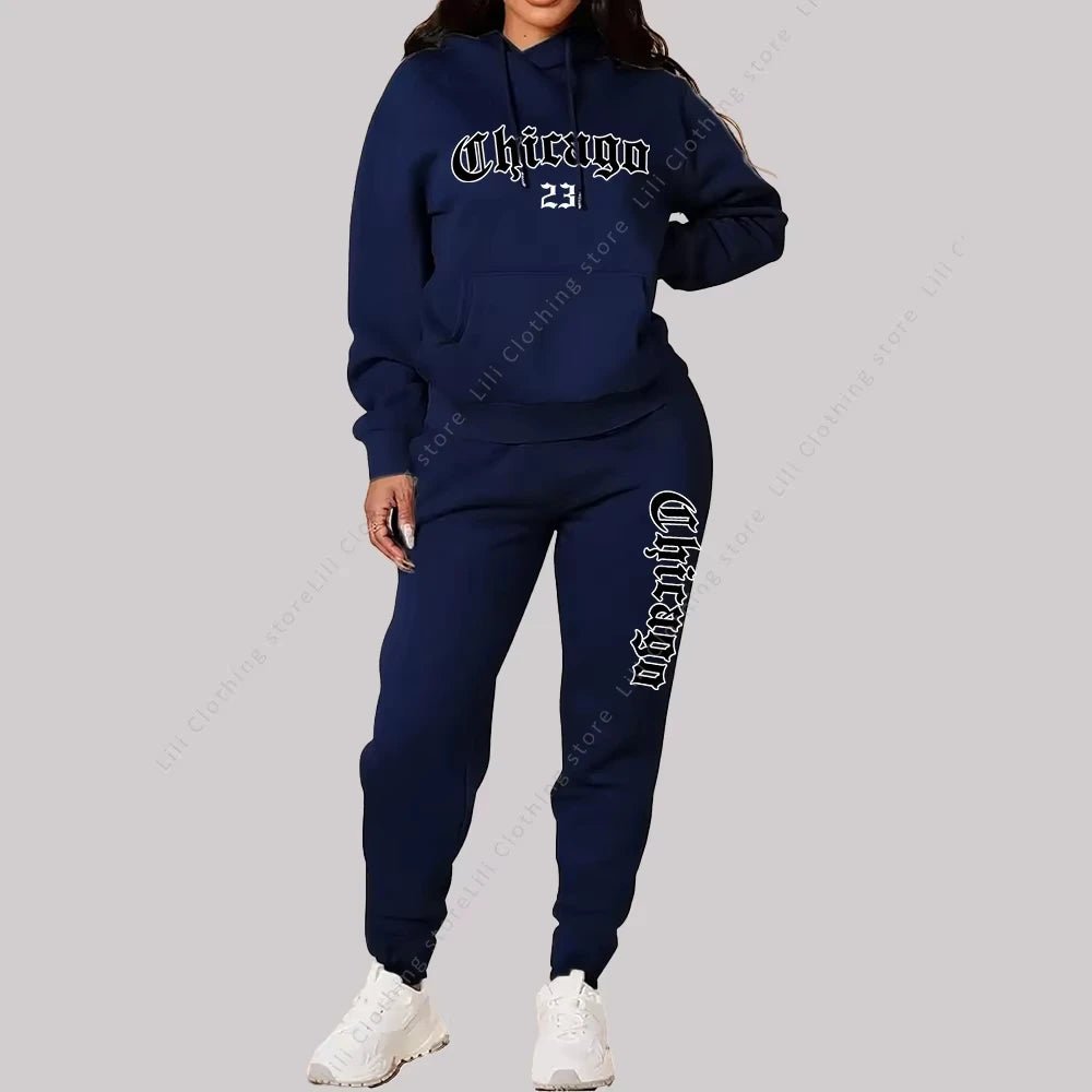 Women's Sets Hoodies Pants 2 Piece Outfits Aesthetic Sportswear Sweatsuit Chicago Graphic Letter Print Plus Size Pink Tracksuit-AMAZON FACTORY