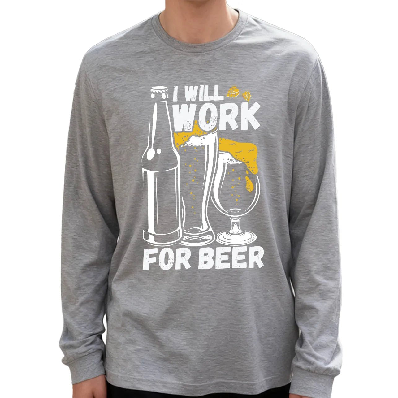 Work for Beer Men's Long Sleeve T-Shirt 180g 100% Cotton Printed Crew Neck Casual Daily Wear Soft and Breathable-AMAZON FACTORY