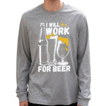 Work for Beer Men's Long Sleeve T-Shirt 180g 100% Cotton Printed Crew Neck Casual Daily Wear Soft and Breathable-AMAZON FACTORY