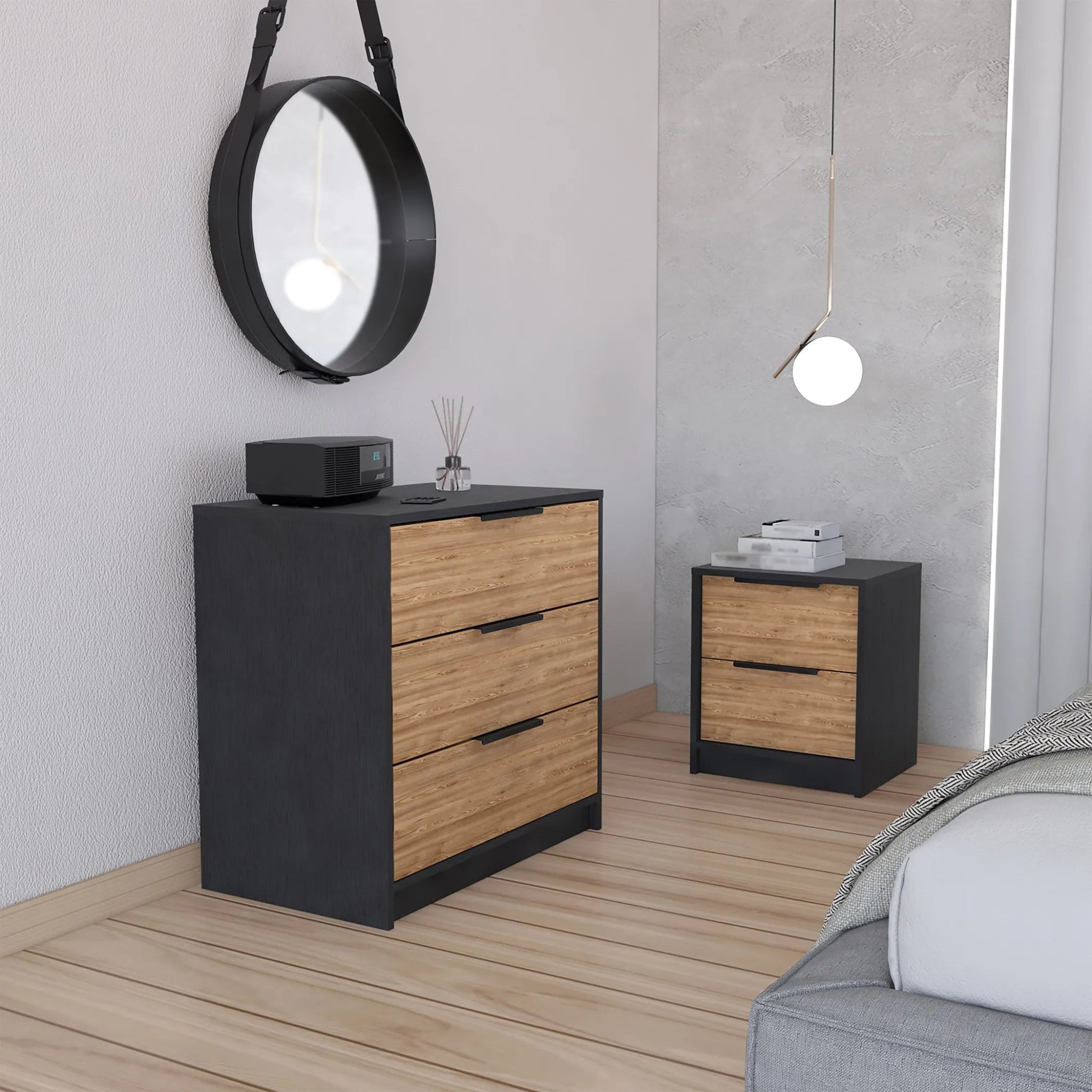 Zion 2 Piece Bedroom Set, Black Wengue/ Pine Finish - AMAZON FACTORY