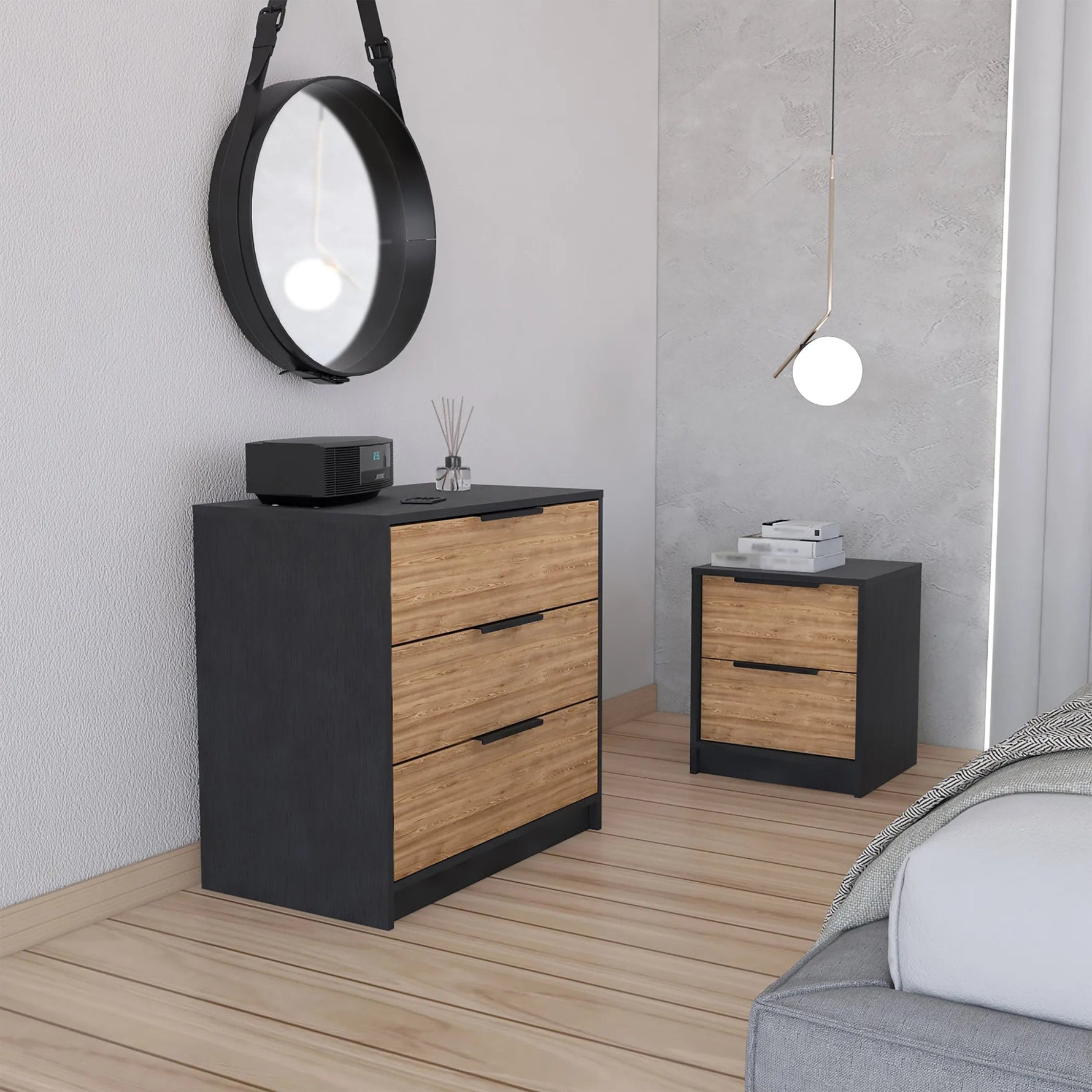 Zion 2 Piece Bedroom Set, Black Wengue/ Pine Finish - AMAZON FACTORY