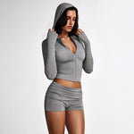 Zipper Hoodie High Waist Shorts Set Fall Casual Tracksuit for Women Knit Loungewear Sweatsuit Yoga Outfit Gym Workout Wear-AMAZON FACTORY